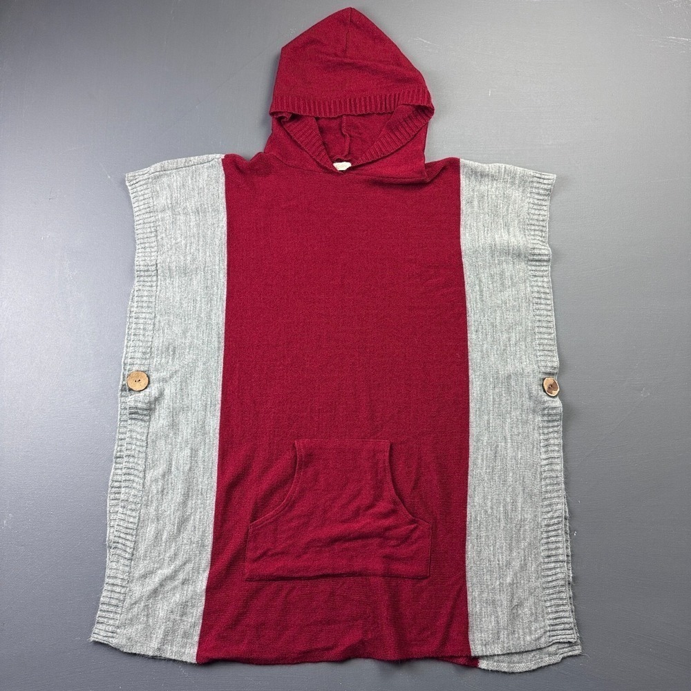 Fanfare Hooded Poncho Sweater Women's Medium Red Gray Button Sides Knit Pullover